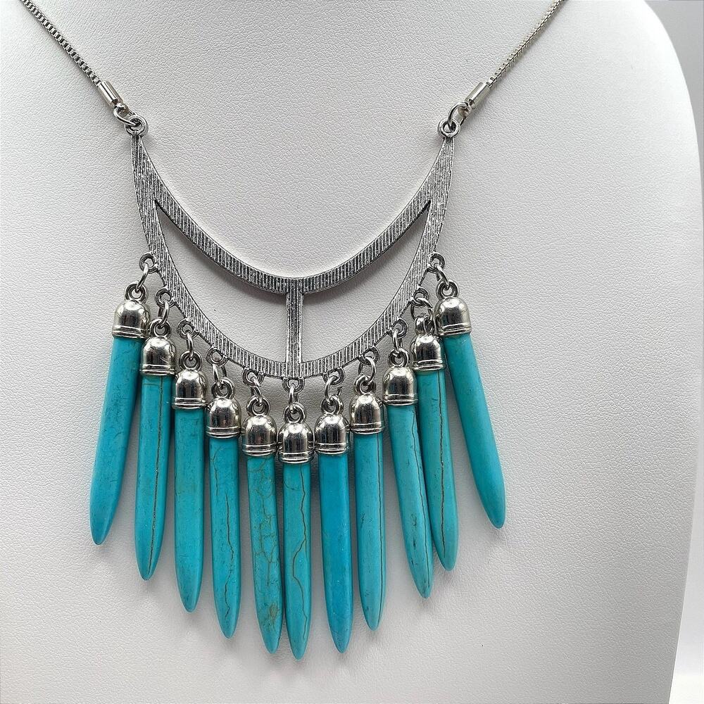 Vintage 90s Boho Turquoise Drops Crescent Necklace Silver Tone Spike Jewelry Y2K